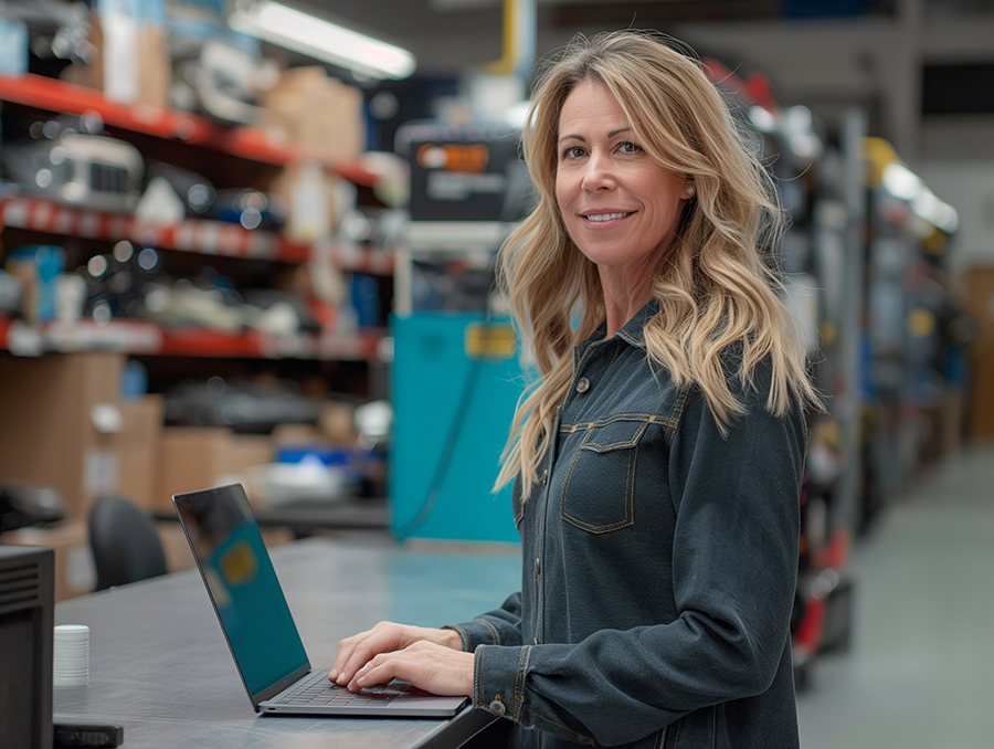 89_Middle-aged-white-female-wearing-polo-shirt-in-bodyshop Female Parts Manager in Department